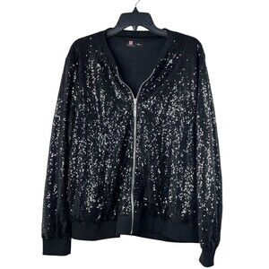 Kancy Kole Black Sequins Sparkle Jacket Long Sleeves Full Zip Size XXL Y2K Retro